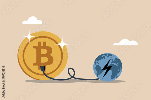 Bitcoin and energy globe connected by a chain representing digital currency and sustainability