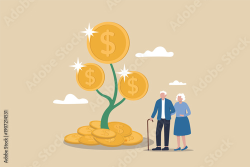 Elderly couple standing beside a tree made of money symbols and gold coins.
