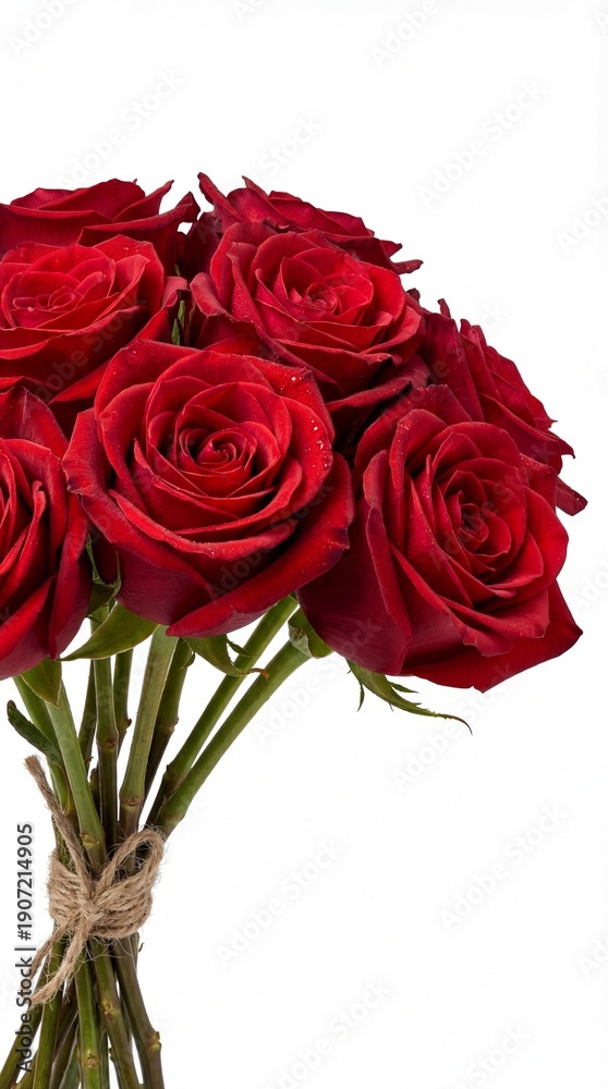 Obraz premium Bouquet of red roses tied with twine on white background - Concept of Mother's Day 
