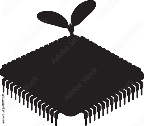 Black microchip with a small plant growing out of it isolated on transparent background