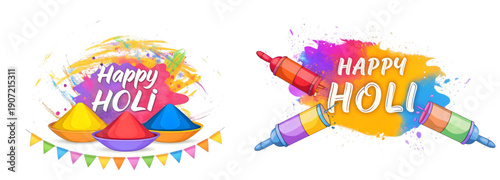 A vibrant illustration celebrating Holi with colorful powders and water balloons