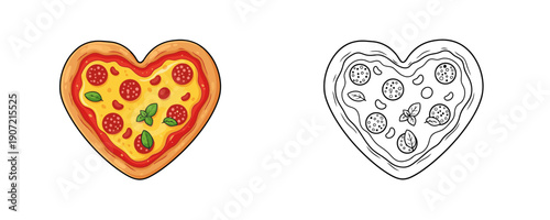 Pepperoni pizza in heart shape with melted cheese and basil in cartoon style for romantic dinner or Valentine day fast food concepts on white background
