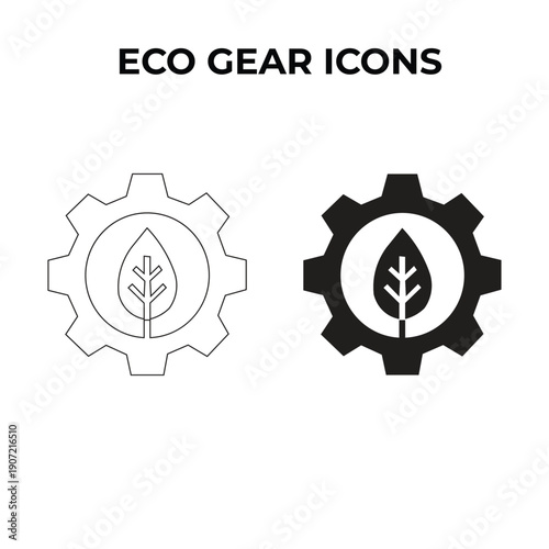 Eco Gear and Green Technology Icon Set. Leaf in Cogwheel, Sustainable Industry, and Environmental Engineering Vector Symbols.