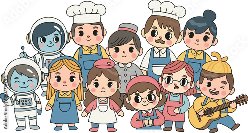 A diverse group of cute chibi cartoon characters