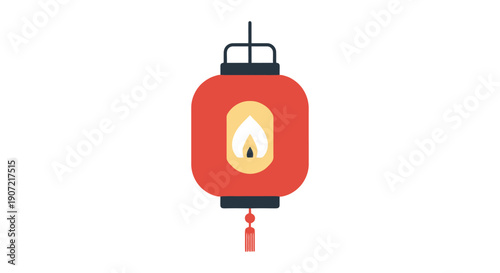 Red lantern with candle illustration hanging from a hook in a cultural setting