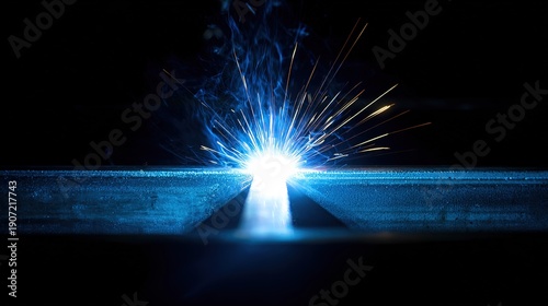 Welding process in a workshop creating sparks during metal joining at night
