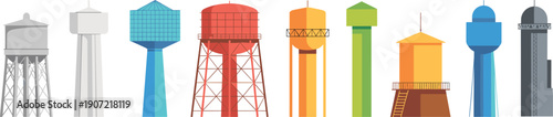 Collection of industrial water towers in various shapes and colors, city infrastructure, water storage tanks, urban utility, cad drawing flat vector illustration