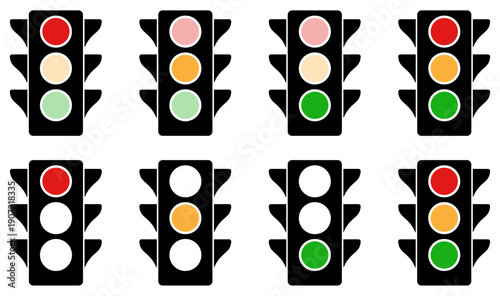 Traffic light signal icon set displaying different stoplight states for road control and urban transportation systems. Suitable for traffic rules, navigation apps, road safety signs, and transport int