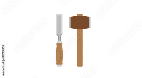 Woodworking chisel and mallet on a simple background viewed from directly above