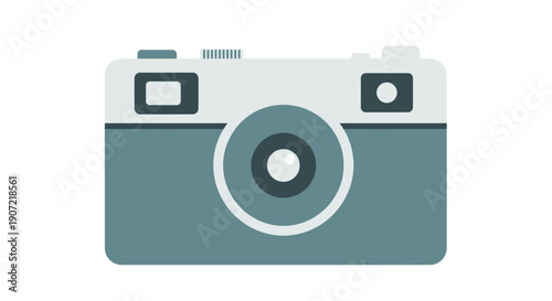 A camera is viewed from the front with lens and viewfinder visible