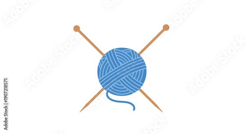 A blue ball of yarn with knitting needles on a white background