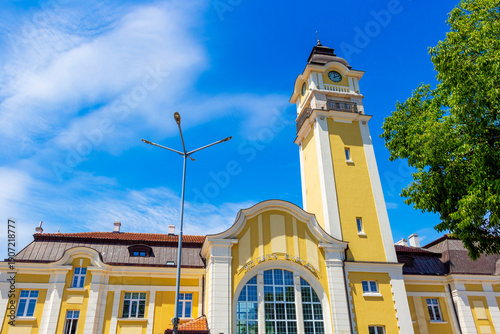 The beautiful building of the Burgas Central Railway Station from 1903 on the Bulgarian Black Sea Coast, partial view on a sunny May day