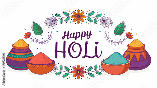 A colorful illustration of Holi celebration with vibrant powders and flowers