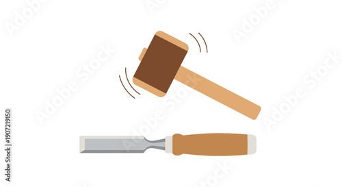 Carpentry tools in action, mallet and chisel at work on a woodworking project