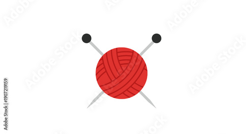 Red yarn ball with knitting needles on white background illustration