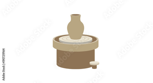 Pottery wheel spinning with clay vase being crafted in a studio from a close-up view