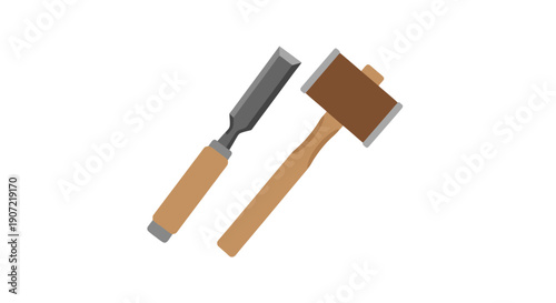 Illustration of chisel and mallet on a white background viewed from directly above