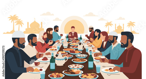 Family Berbuka Puasa Iftar Eid Mubarak Ramadhan Flat Minimalist Vector Illustration