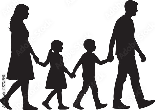 Silhouette of family walking hand in hand also transparent background black white