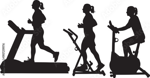 Silhouette of woman exercising on treadmill elliptical and stationary bike also transparent background