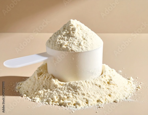 A scoop of protein powder on a beige background with a pile of powder