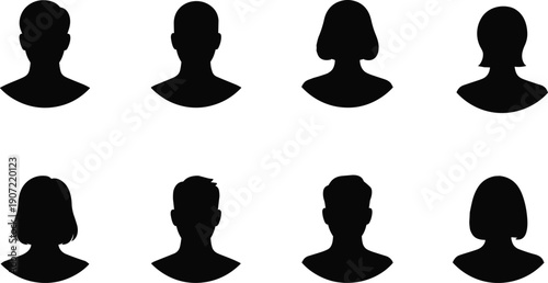 Male and female avatar silhouette icons set, anonymous user profile heads, people face shapes isolated on white background