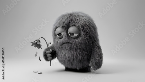 Furry gray cartoon creature holding a wilting flower with petals falling. Concept of sadness, loss, failure, or a tough day.