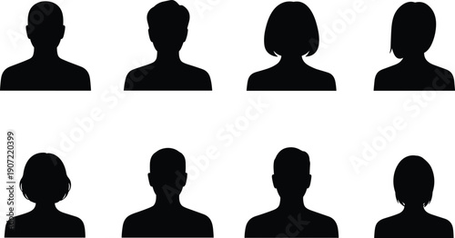 Male and female avatar silhouettes set, anonymous profile icons collection, user head shapes for social media, web, app design