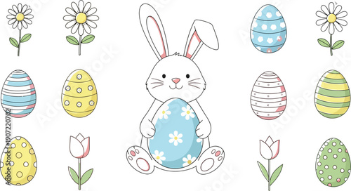 Cute cartoon white easter bunny character sitting while holding a large decorative blue egg surrounded by colorful spring flowers and patterned holiday eggs