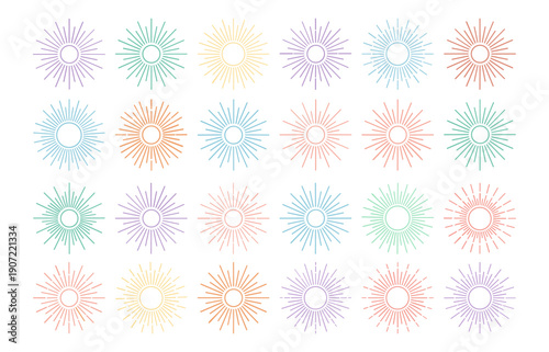 Sunburst icons set, radial sun rays starburst light and abstract decorative vector outlines on transparent background