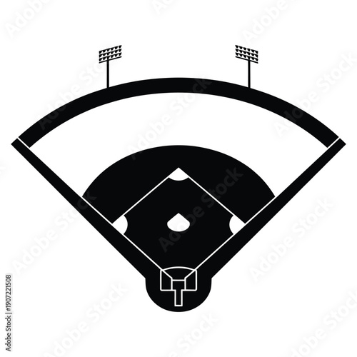 Black and white baseball field with stadium lights