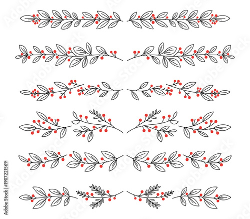 Floral leaf icons, botanical branch foliage ornaments and berries vector outline set on transparent background