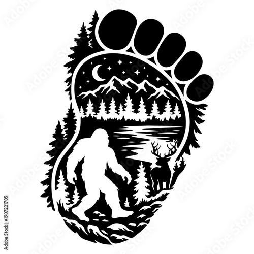 Bigfoot Footprint Wilderness Scene Illustration, Sasquatch Nature Myth Concept, Black And White Forest Landscape Vector Design For Prints, Stickers And Apparel