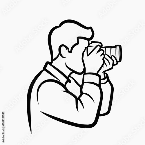 A stylized black and white illustration depicts a photographer taking a picture focusing intently through the camera lens silhouette high quality professional detailed
