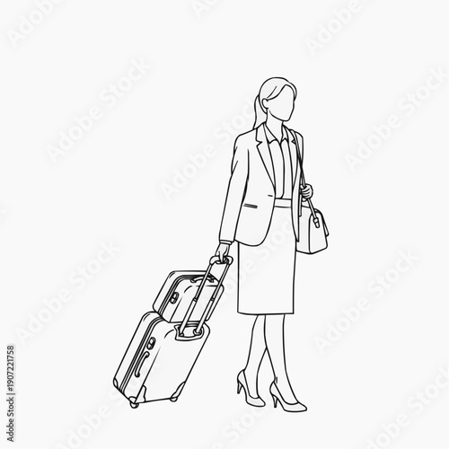A minimalist line drawing depicts a business woman pulling luggage suggesting travel and professional life rendered as a silhouette high quality detailed modern
