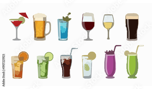 Alcoholic and non alcoholic drinks vector illustration set