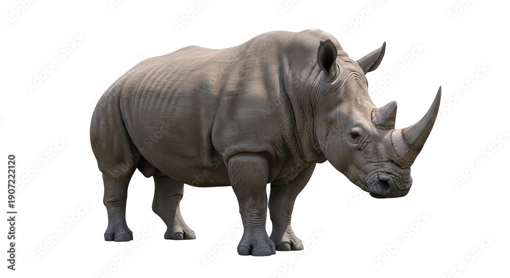 Obraz premium Majestic white rhinoceros stands powerfully isolated against a pristine white studio backdrop, highlighting its impressive horns and unique textured hide