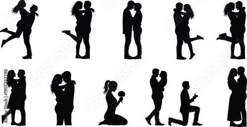 Romantic couple silhouette collection showing love, proposal, hugging, kissing poses, black and white relationship illustration set for wedding dating design