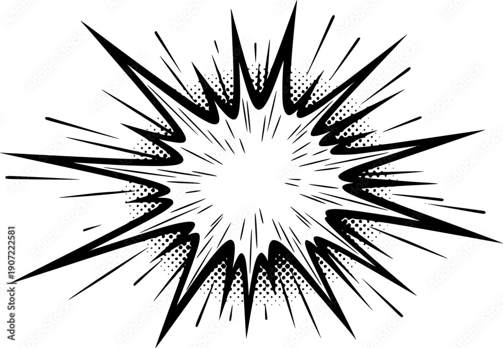 Fototapeta premium Black and white comic burst shape representing shock or impact on a white background 