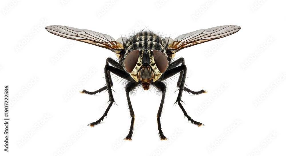 Obraz premium Close-up macro view of a common housefly with intricate details of its compound eyes and wings against a clean white background