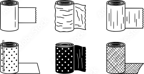 Cellophane stretch film icons set. Different types of roll materials are depicted, showcasing diverse textures, patterns, and potential applications
