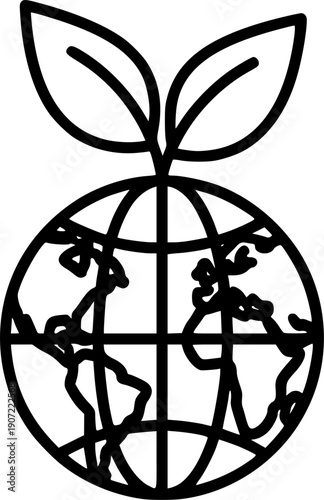 Line art icon of a globe with two leaves growing, symbolizing environmental protection and sustainability
