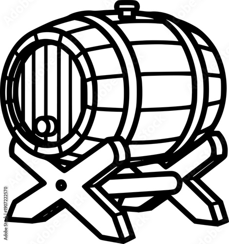 Simple, bold line art depicting a wooden barrel on a stand, symbolizing the brewing or winemaking process
