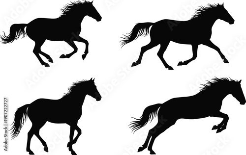 Running horse silhouette illustration set showing galloping, jumping, walking poses, black and white equine animal design collection