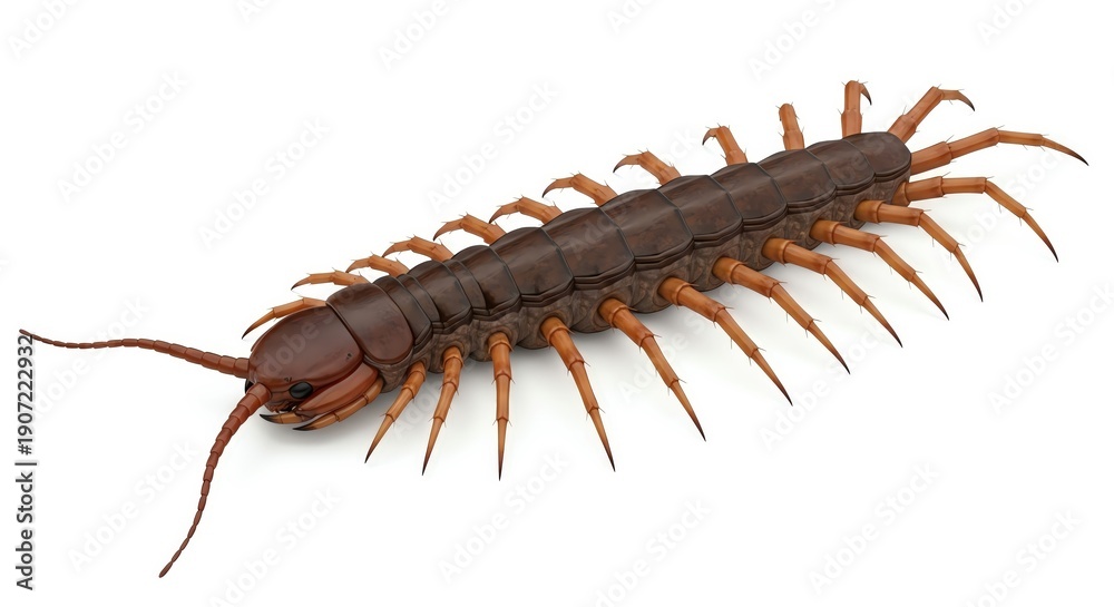 Fototapeta premium Striking high-angle view of a brown centipede, a multi-legged arthropod with predatory instincts and segmented body, isolated on a clean white background