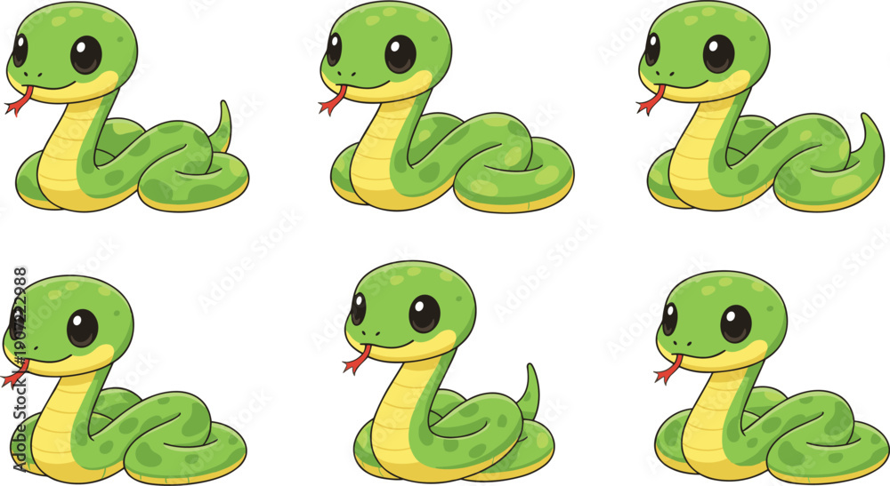 Obraz premium Cute Green Snake Character Collection Set Flat Cartoon Vector Illustration Isolated on White Background