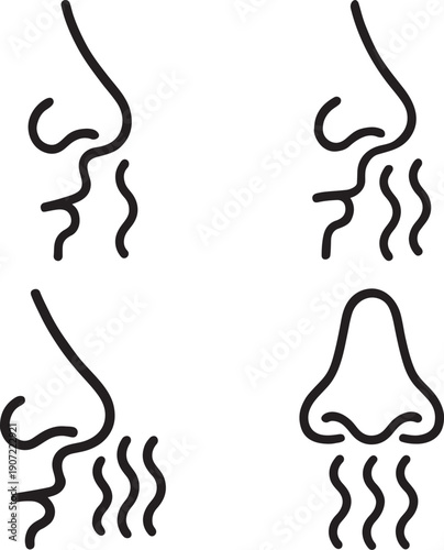 Creative line vector illustration of smell symbols, nose, air, vapour.