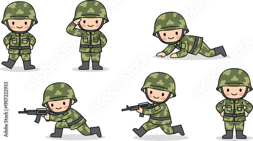 Cute Cartoon Soldier Character Collection in Different Military Poses Flat Vector Illustration Isolated on White Background