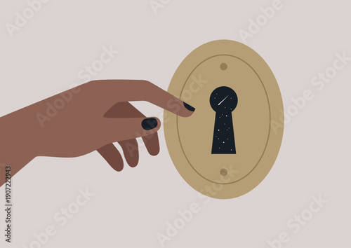 A guiding hand reaches toward a keyhole, symbolizing the journey into the depths of the mind, This moment captures the quest for understanding and personal growth.