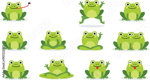 Cute Frog Character Collection Set in Different Poses Flat Vector Illustration Isolated on White Background